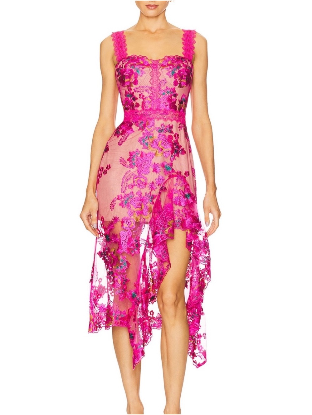Bronx and Banco Eva Sleeveless
Embroidered Floral Midi Dress in
Fuchsia Med. NWT